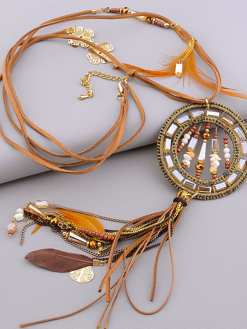 

Колье коричневое с перьями и шнурками 80 см. Hand Made 032211