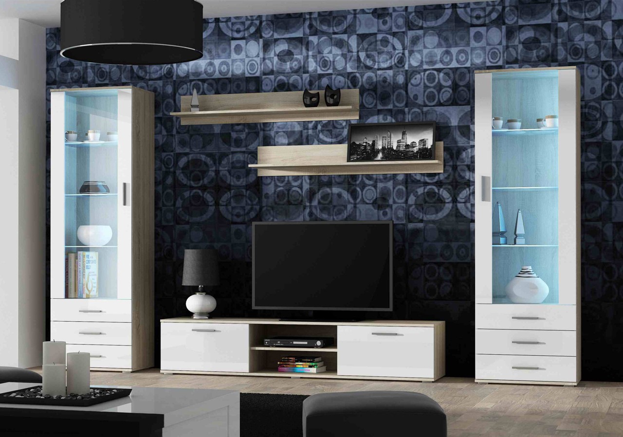 

Гостиная стенка комплект из ламинированной ДСП и стекла Soho 4 Дуб Сонома/Белый Сama Польша без подсветки