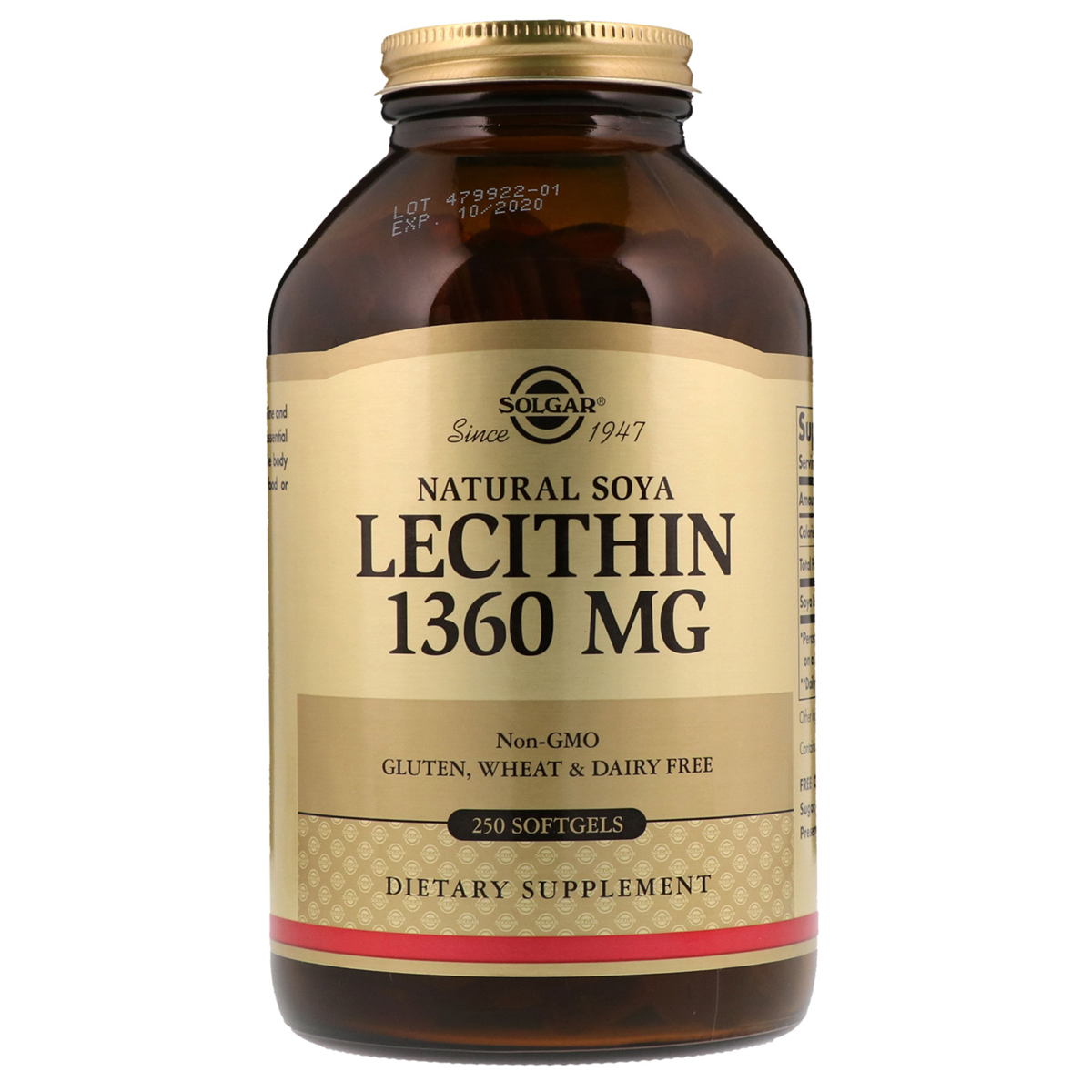 

Аминокислоты Solgar Лецитин Неотбеленный Natural Soya Lecithin 1360 мг 250 желатиновых капсул