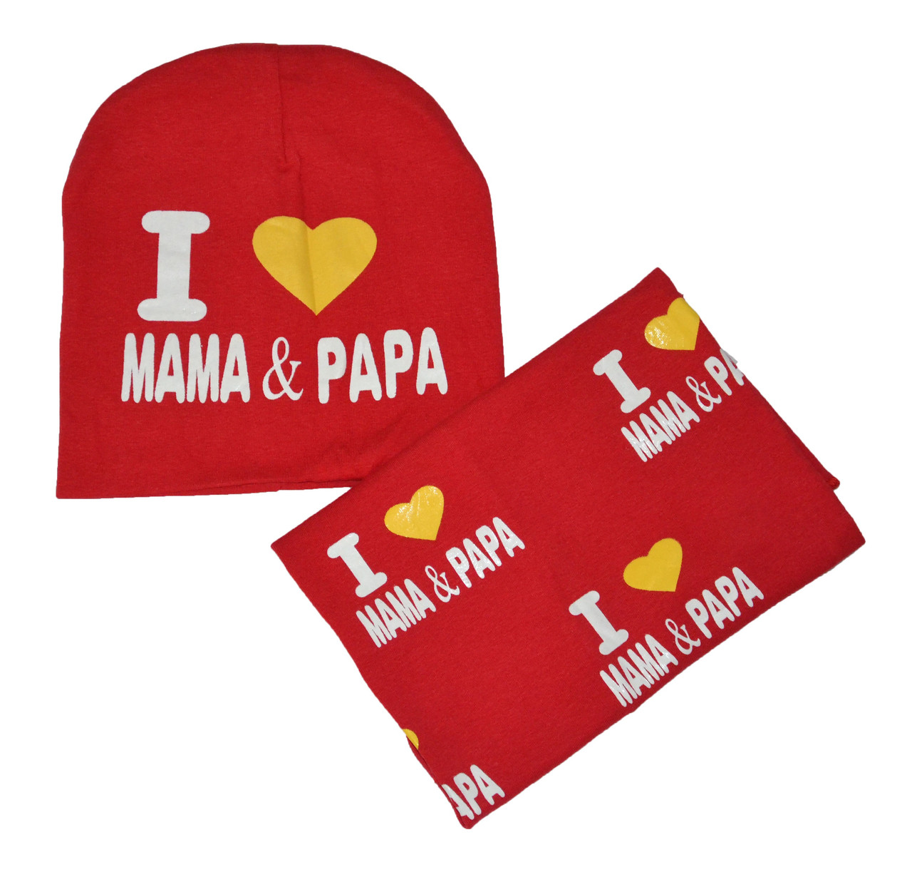 

Набор Bape детский шапка и шарф хомут красный I love MAMA and PAPA 52 см (setsc - 360-01)