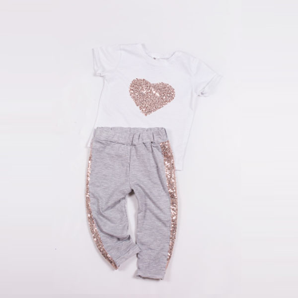 

Костюм (футболка + штаны) Little Bunny с бежевыми пайетками 140см Бело-Серый