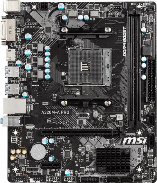 

Материнская плата AM4 (A320) MSI A320M-A PRO, A320, 2xDDR4, Int.Video(CPU), 4xSATA3, 1xPCI-E 16x 3.0, 1xPCI-