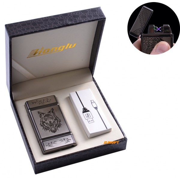 

USB зажигалка в подарочной кожаной коробке "Wolf" (Электроимпульсная - две перекрещенные молнии) №4842-4