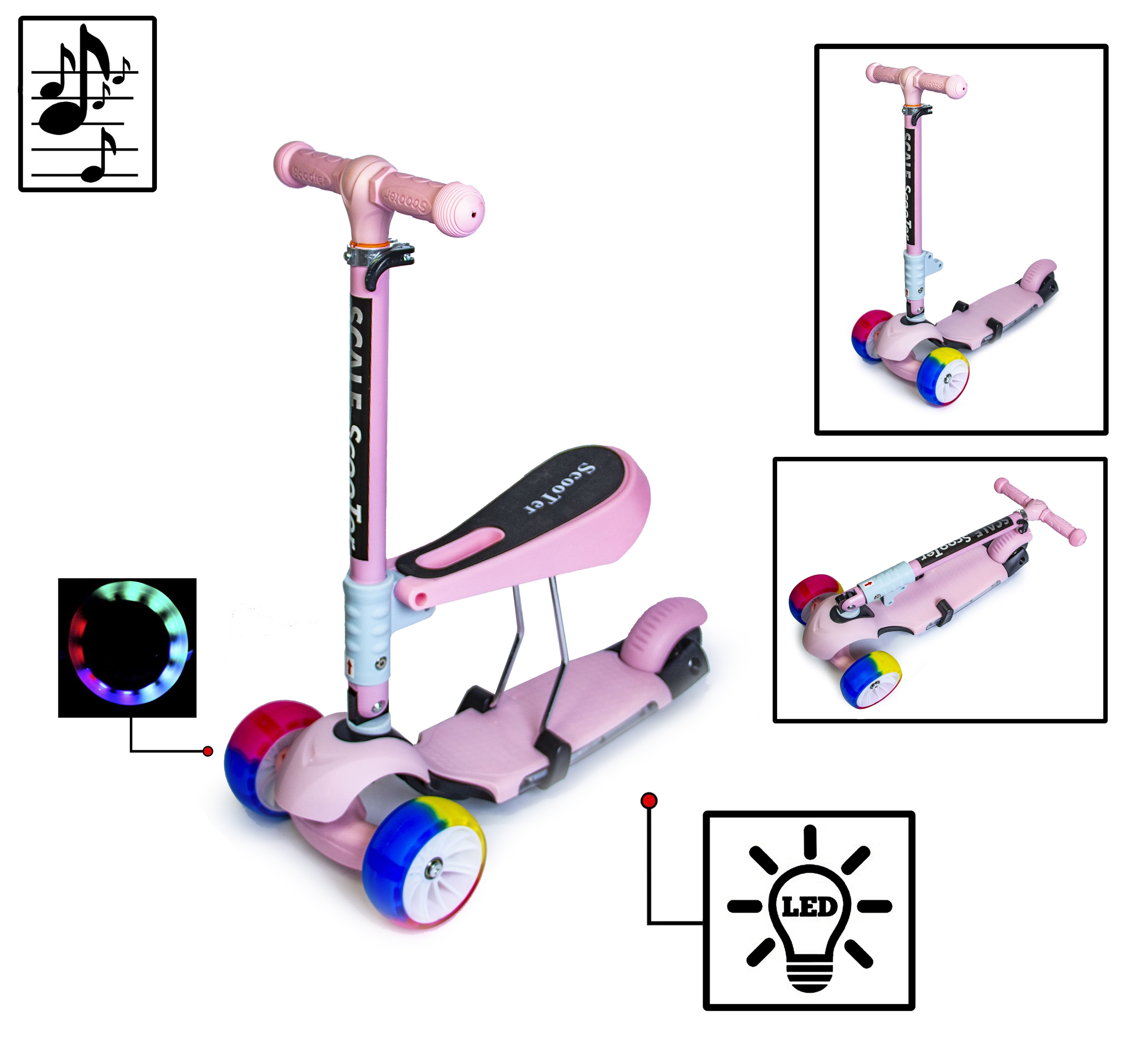 

Самокат Scooter 3in1. Pink (складная ручка, со светом и музыкой и смарт-колеса)