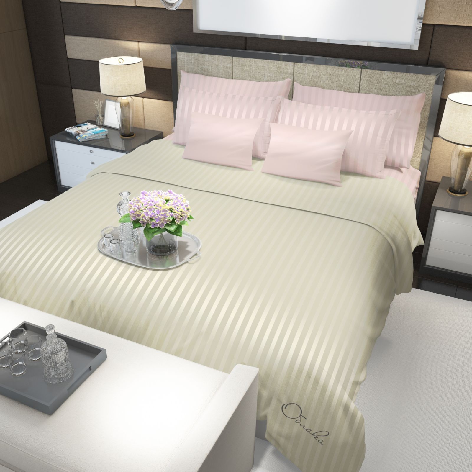 

Комплект постельного белья Облака Страйп СатинТурция Двуспальный 200*220Пудра та Ваніль