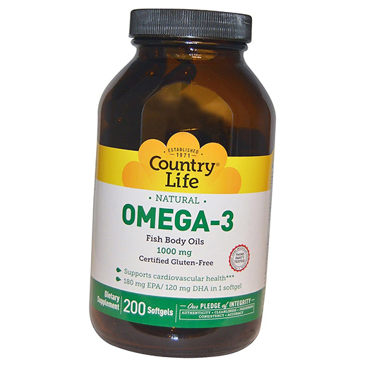 

Рыбий жир, Омега 3, Omega-3 Fish Body Oil, Country Life 200гелкапс (67124003)