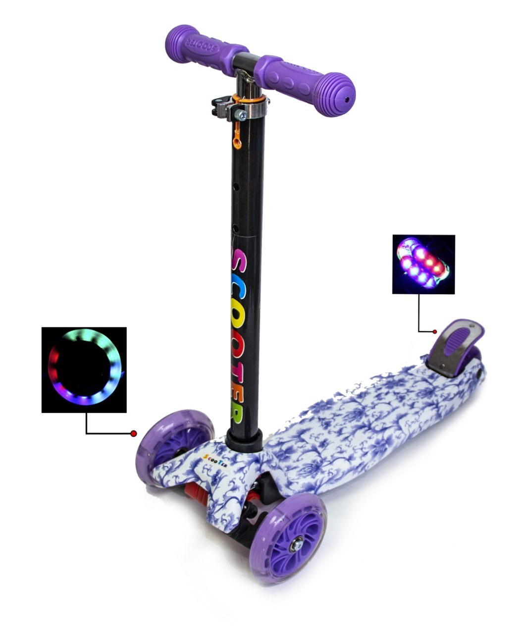 

Детский самокат Scooter MAXI. С рисунком Purple Pattern. Светящиеся колеса!