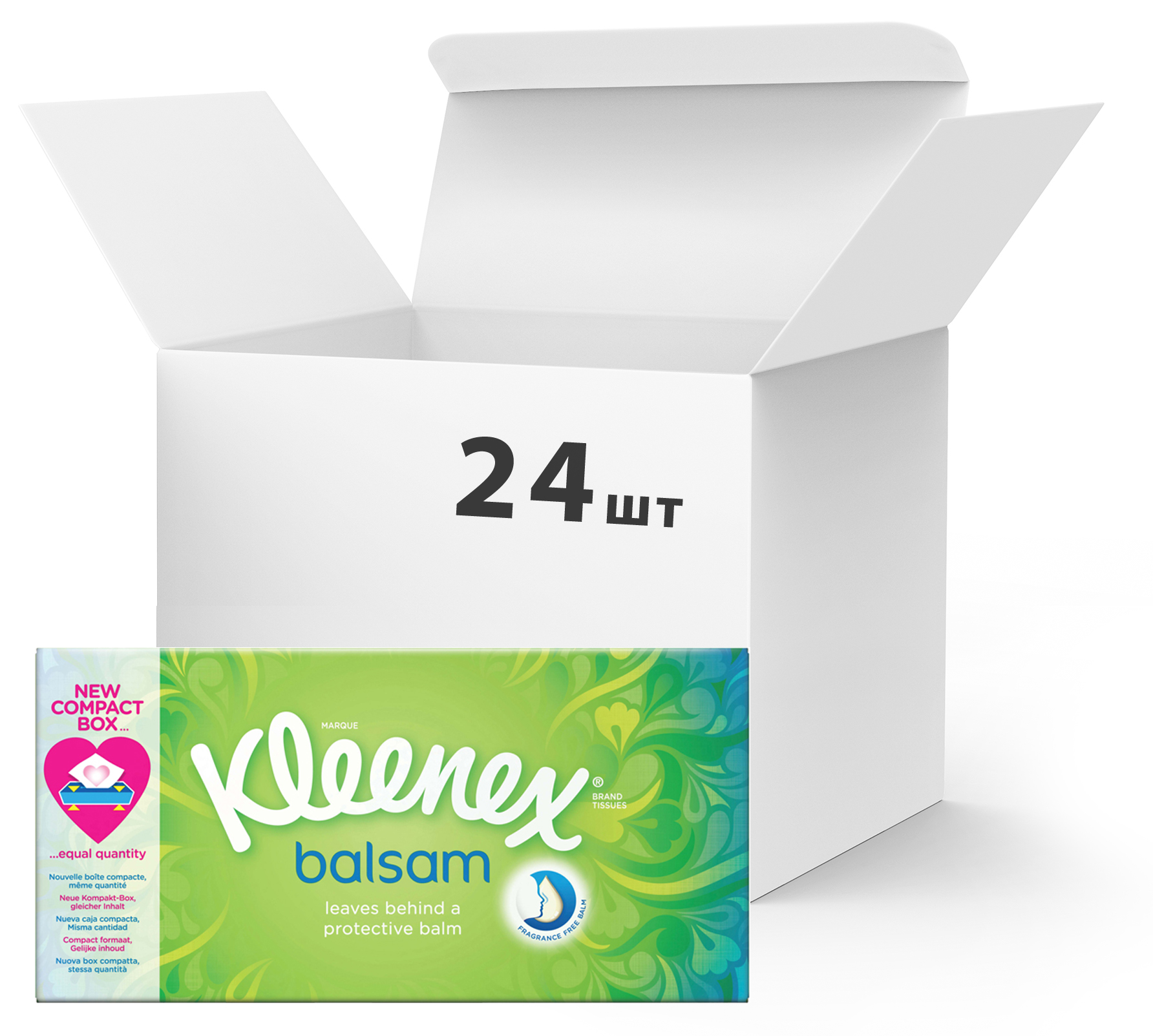 

Упаковка салфеток Kleenex Balsam трехслойных косметических 24 пачки по 72 шт (5029053569963/5029053565750/5029054223048)