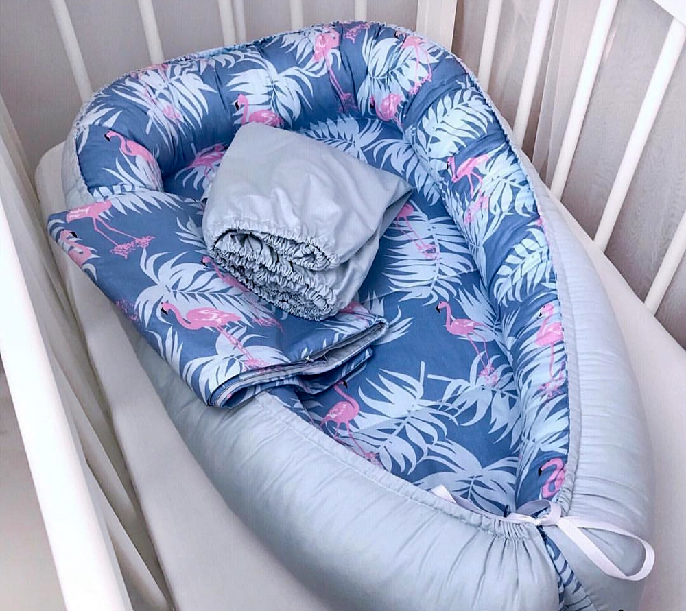 

Кокон-гнездышко для новорожденного Littlebo двустороннее со СЪЕМНЫМ матрасом монстера синий