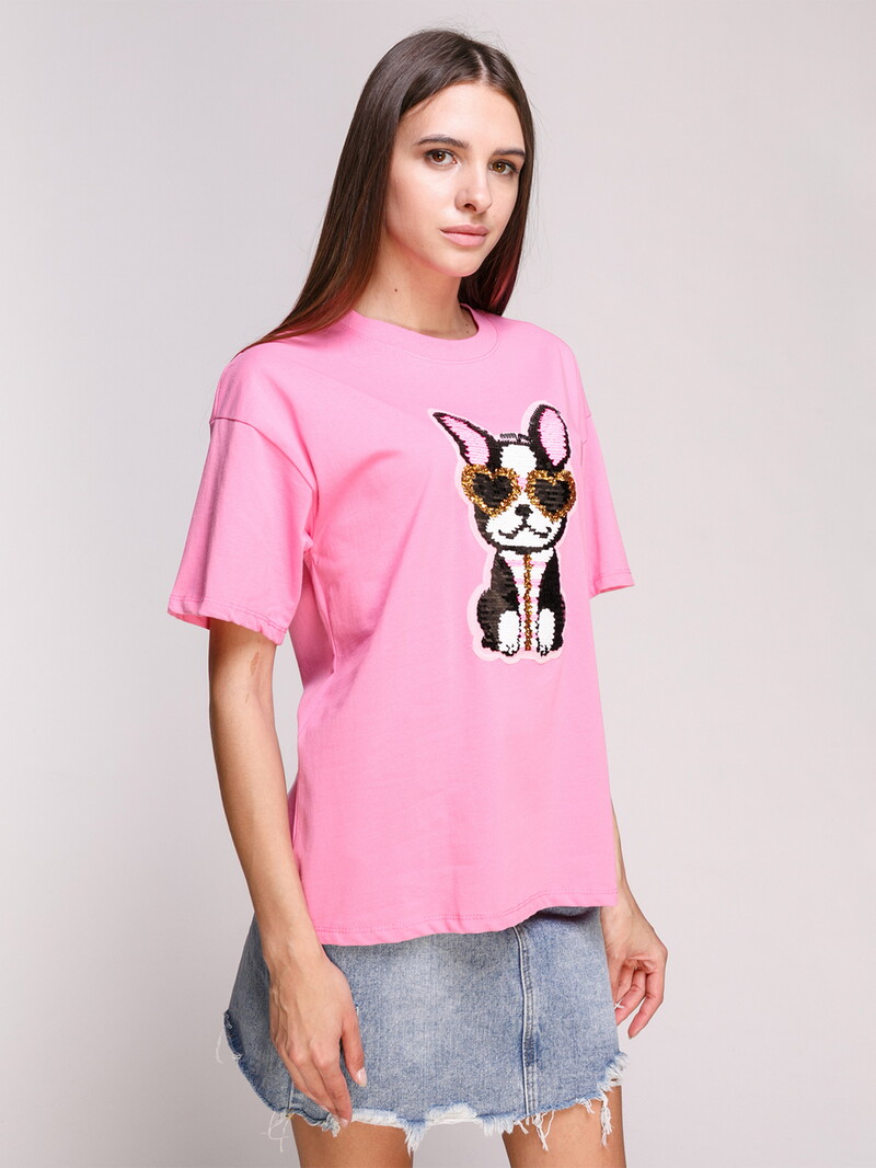 

Футболка с принтом пса в пайетках Dress room one size розовый (9093)