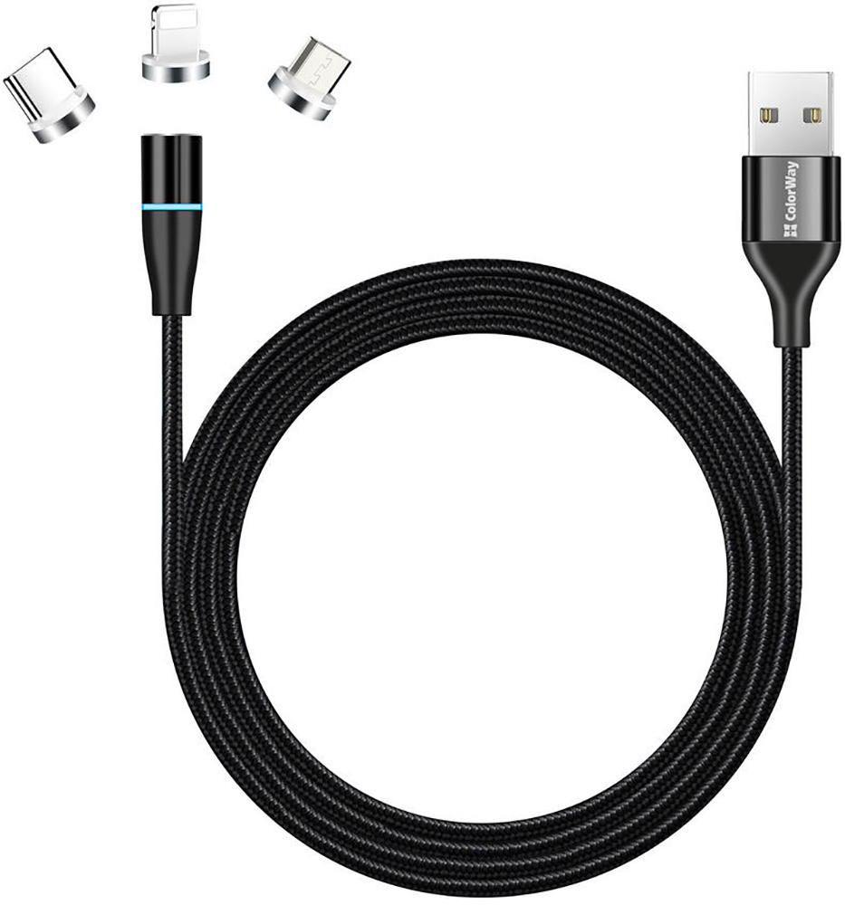 

Кабель ColorWay USB - 3в1 (Lightning+MicroUSB+Type-C) Magnetic Data/Quick Charge 2.4А 1 м Black (CW-CBUU038-BK)