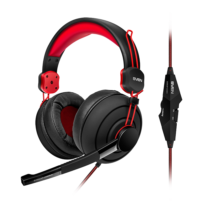 

Игровые стереонаушники с микрофоном SVEN AP-G888MV Black-Red (кожаные) Джек 3,5мм 4pin, адаптер 1м для ПК (14896)