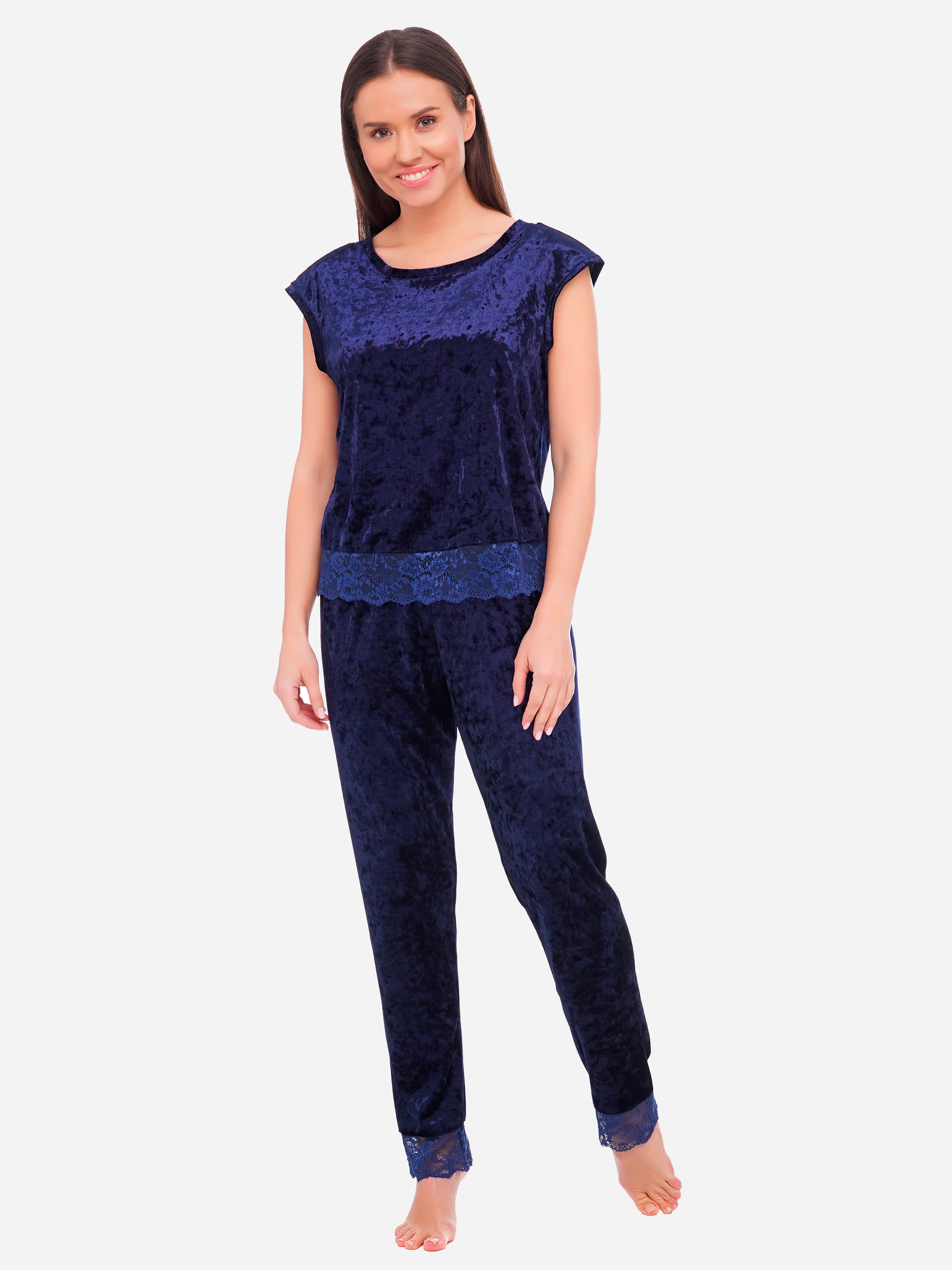 Акція на Піжама (футболка + штани) жіноча великих розмірів велюрова Martelle Lingerie M-308 велюр 42 (XL) Темно-синя від Rozetka