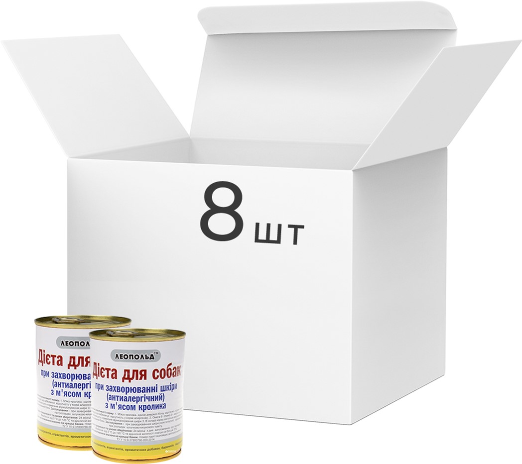 

Упаковка влажного корма для собак Леопольд Диета при заболевании кожи с кроликом 360 г х 8 шт. (4820185490696-8)