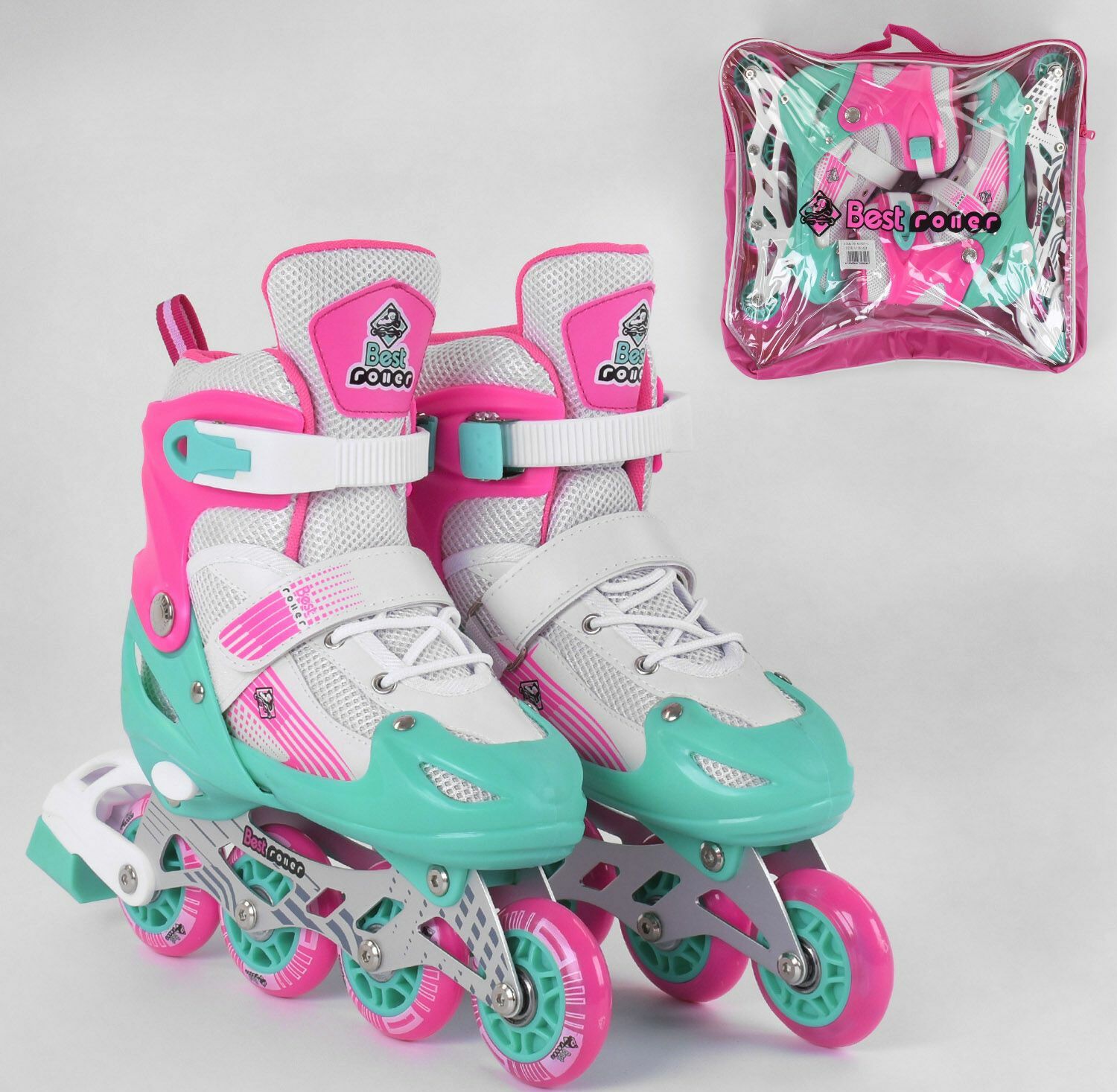 

Роликовые коньки Best Rollers 80065-М раздвижные Размер 34-37 Колеса ПВХ с подсветкой Сумка Розово-бирюзовый