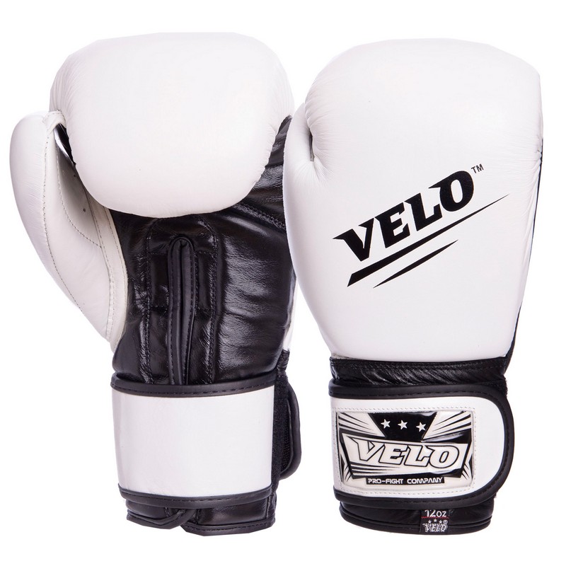 

Перчатки боксерские кожаные на липучке VELO (бело-чёрные), Размер 10oz