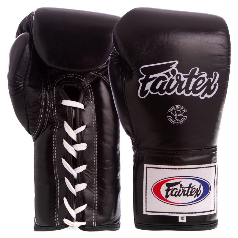 

Перчатки боксерские кожаные на шнуровке FAIRTEX чёрные, Размер 10oz