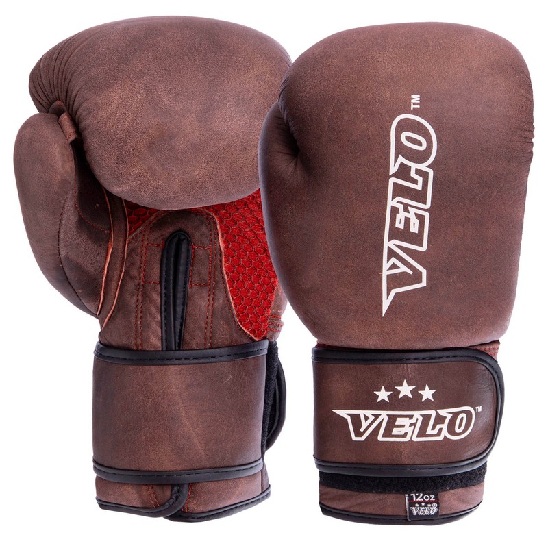 

Перчатки боксерские кожаные на липучке VELO (коричневые-красные), Размер 10oz