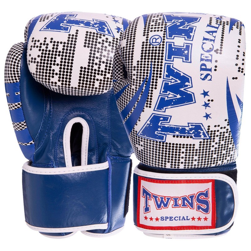

Перчатки боксерские кожаные на липучке TWN (синие-белые), Размер 12oz
