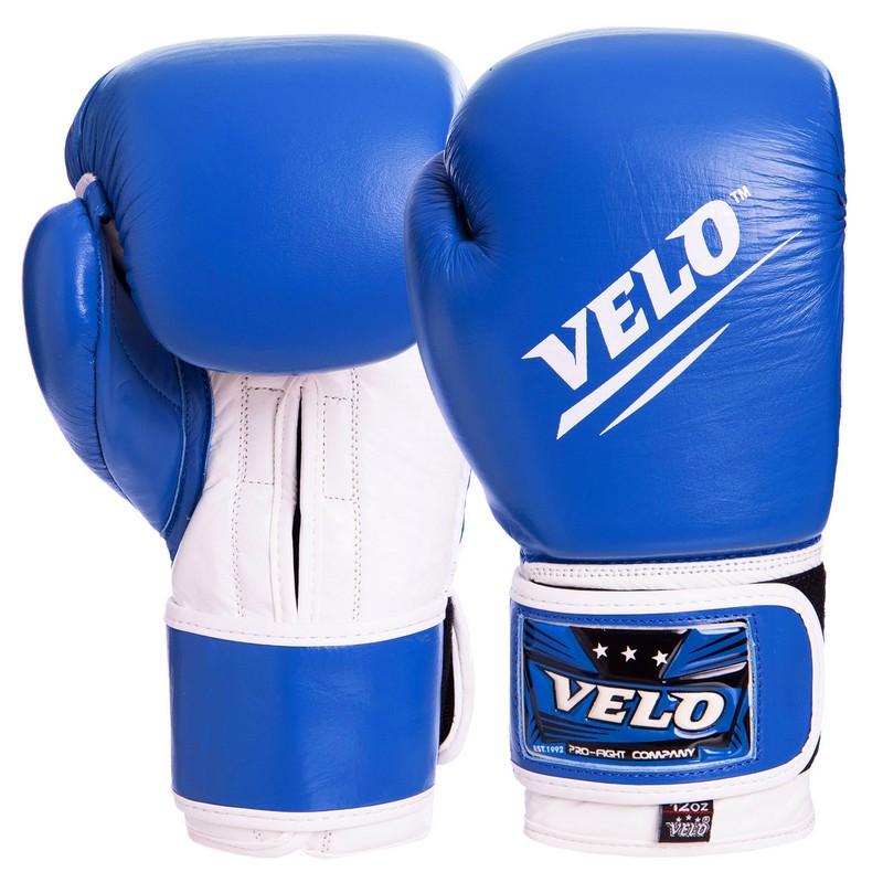 

Перчатки боксерские кожаные на липучке VELO (голубо-белые), Размер 12oz