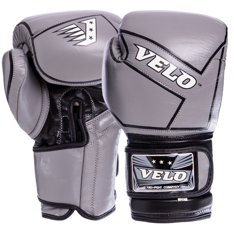 

Перчатки боксерские кожаные на липучке VELO (серые-чёрные), Размер 10oz