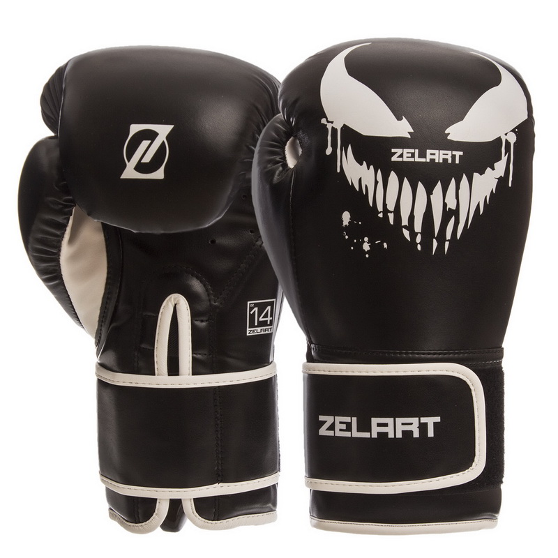 

Перчатки боксерские PU на липучке ZELART чёрные-белые, Размер 14oz