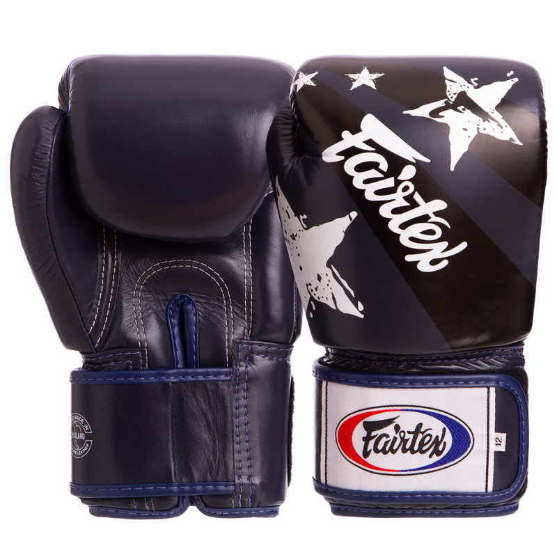

Перчатки боксерские кожаные на липучке FAIRTEX NATION PRINT сине-чёрные, Размер 14oz