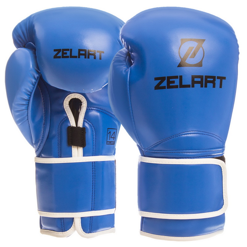 

Перчатки боксерские PU на липучке ZELART синие, Размер 14oz