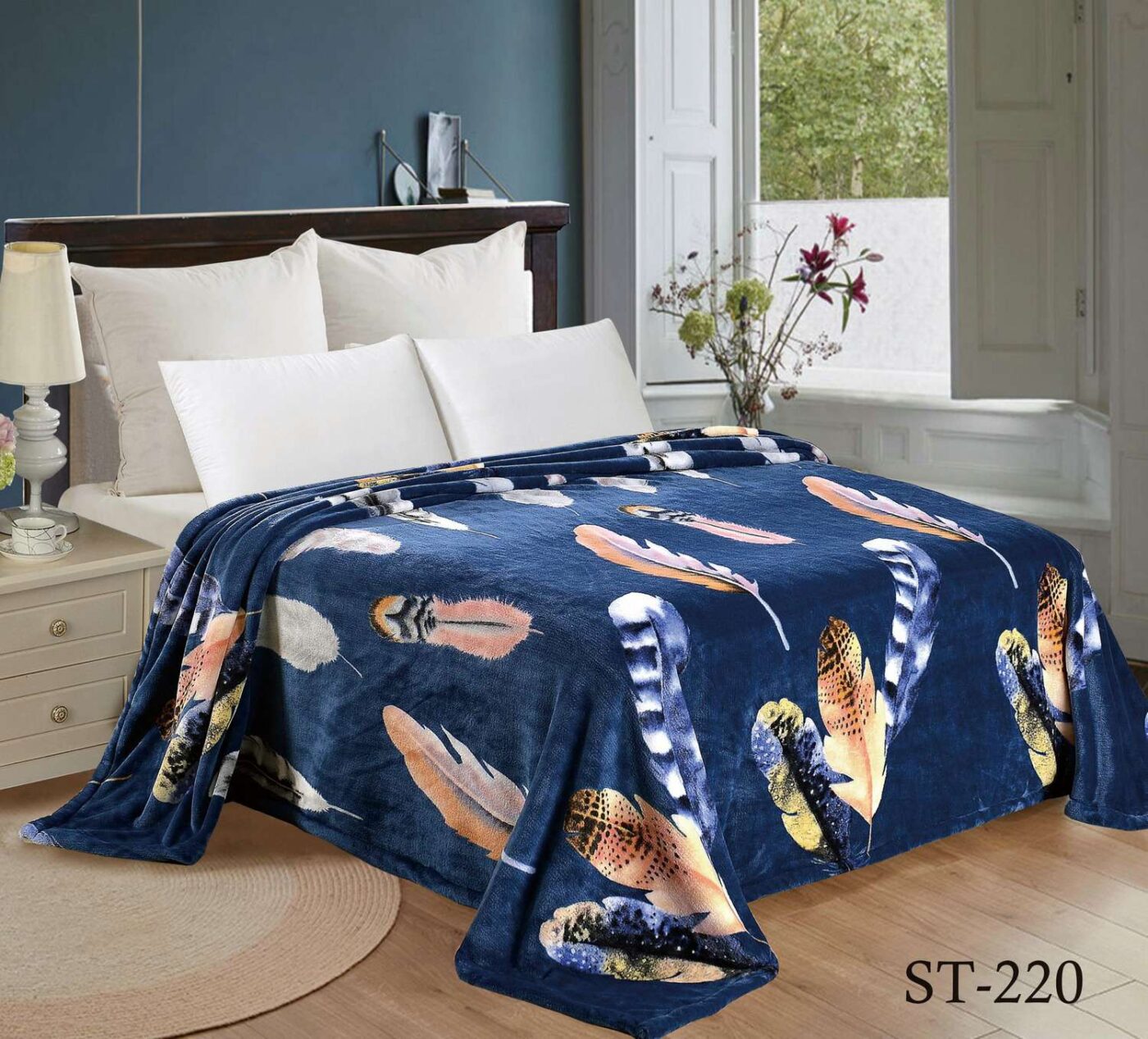 

Плед-покрывало Велсофт Перо на синем фоне CottonTwill 150х215 см (СТП034-2)