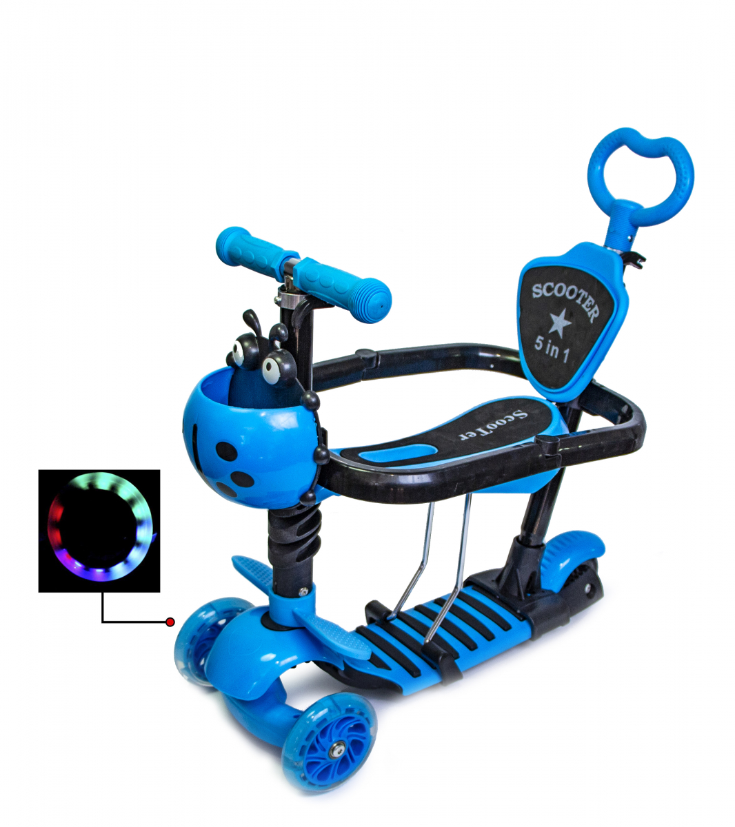 

Детский самокат Scooter Божья коровка 5 в 1 Blue с бортиком и родительской ручкой