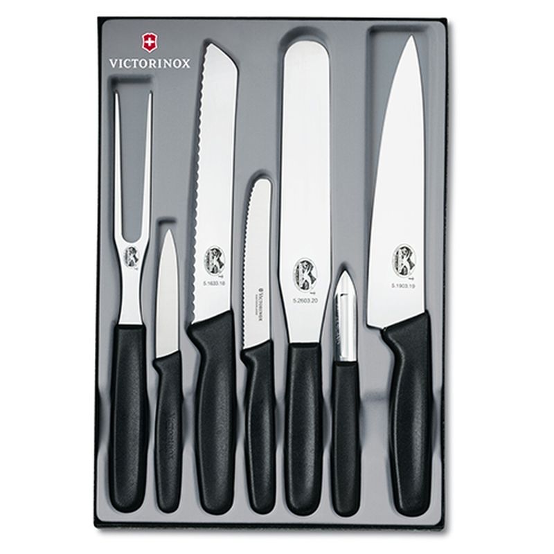 

Кухонный набор Victorinox Kitchen Set 7шт с чёрной ручкой (4 ножа, вилка, овощечистка, лопатка) (51103.7)