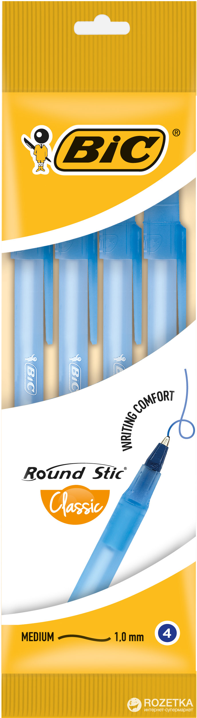 Набор шариковых ручек 4 шт BIC Round Stic M Синий пишущий узел 1мм ...