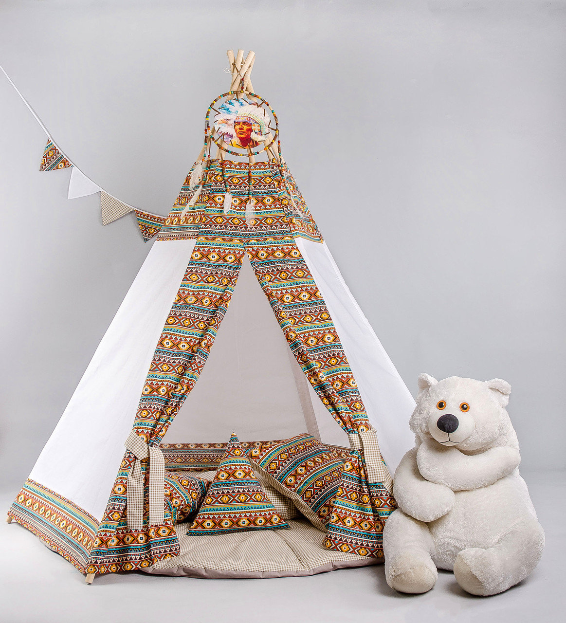 

Мега Большая Детская палатка - вигвам «Этно» от 3 лет (Разноцветный) Круглый матрас + 3 подушки