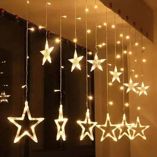 

Светодиодная гирлянда-штора (звездопад) 2.5м 138LED 12 золотых звезд