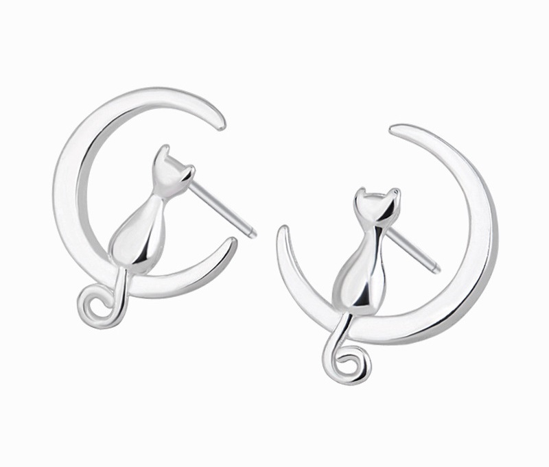

Серьги Гвоздики Милый Кот на Луне RINHOO серебристый