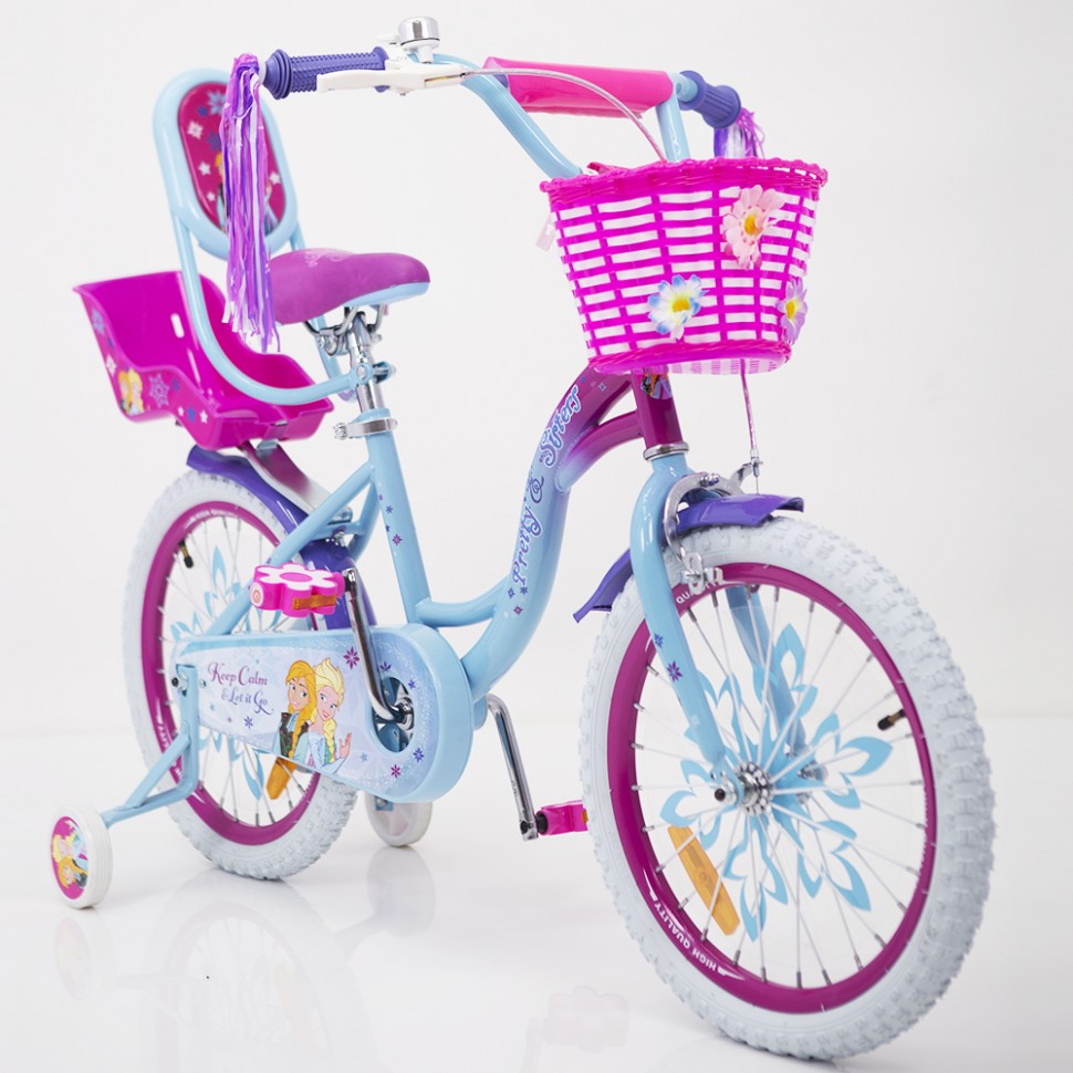 

Велосипед для дівчаток FROZEN 18" Крижане Серце блакитно-рожевий з кошиком та сидінням для ляльки