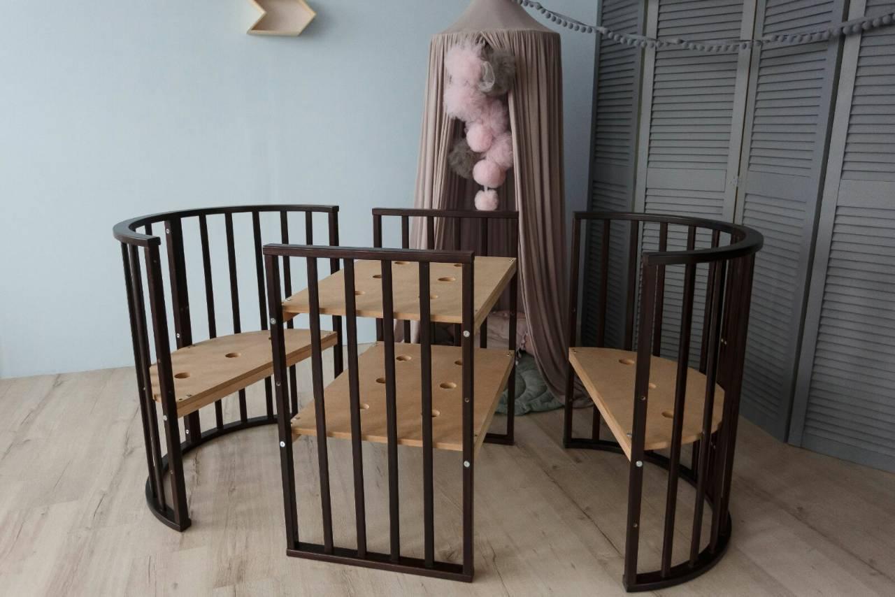 

Ліжко дитяче трансформер кругле-овальне 8 в 1 Кузя з маятниковим ходом, колесами, матрасом венге 111.1