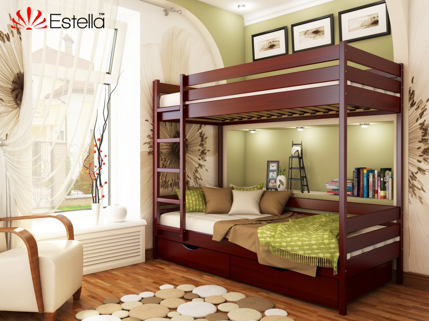 

Двухъярусная кровать с ящиками и бортиком защитным внизу 90х200 Estella Дуэт Махонь (Массив-104) Л2.5