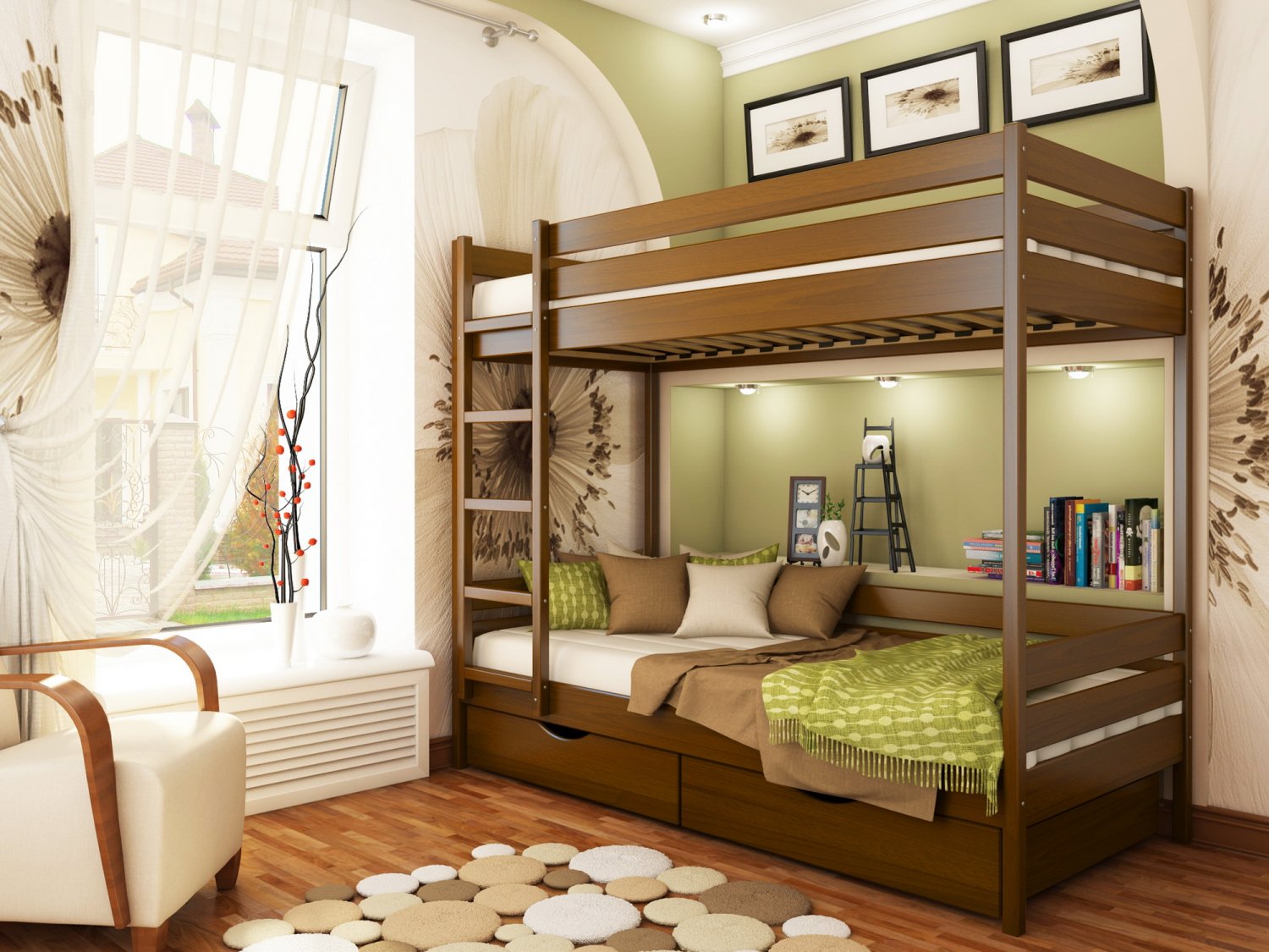 

Двухъярусная кровать с ящиками и бортиком защитным внизу 80х190 Estella Дуэт Ольха (Массив-105) Л4