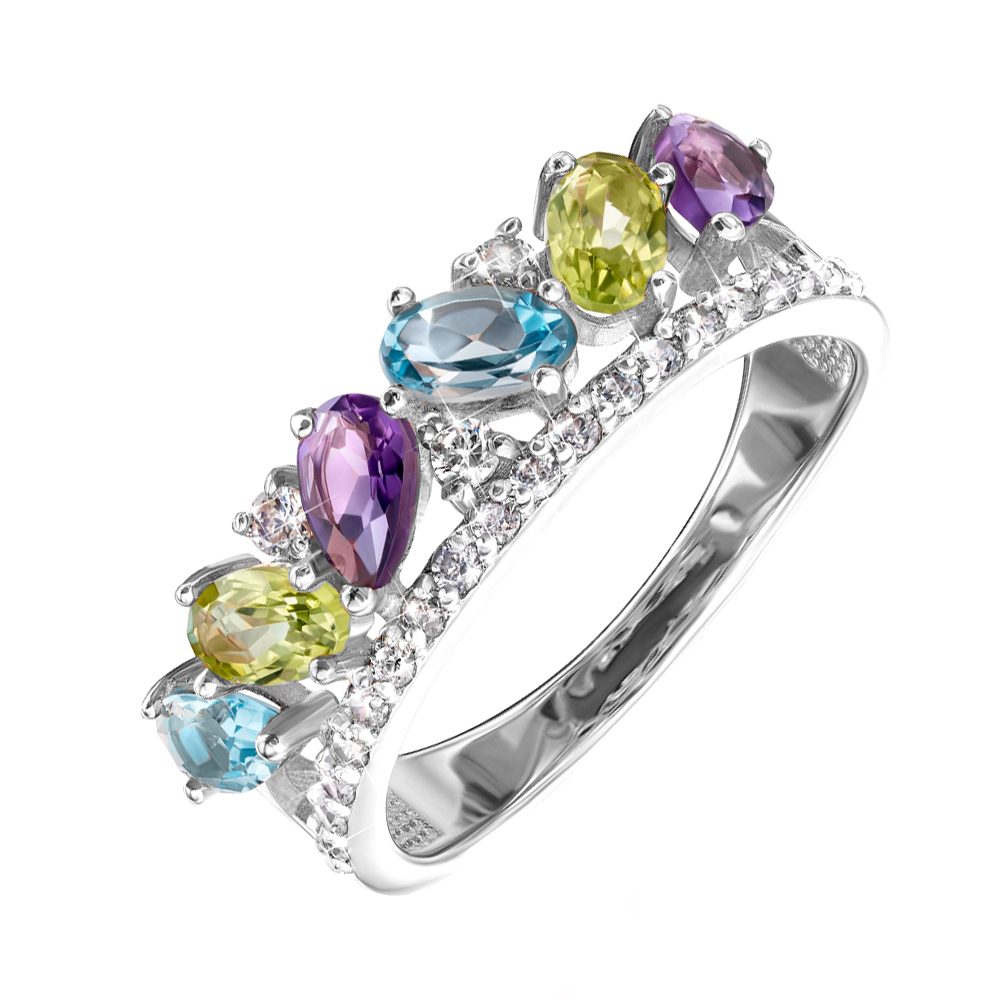 

Кольцо из белого золота с топазами, хризолитами, аметистами и цирконием 000137329 16.5 размера