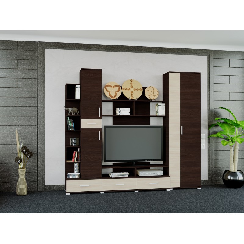 

Стенка в гостиную из ДСП Бриз Комплект 2 Венге темный/Дуб молочный цвет Эверест