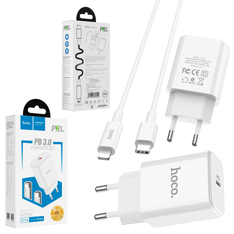 

Сетевое зарядное устройство Hoco C71A PD3.0 2.4A Lightning white