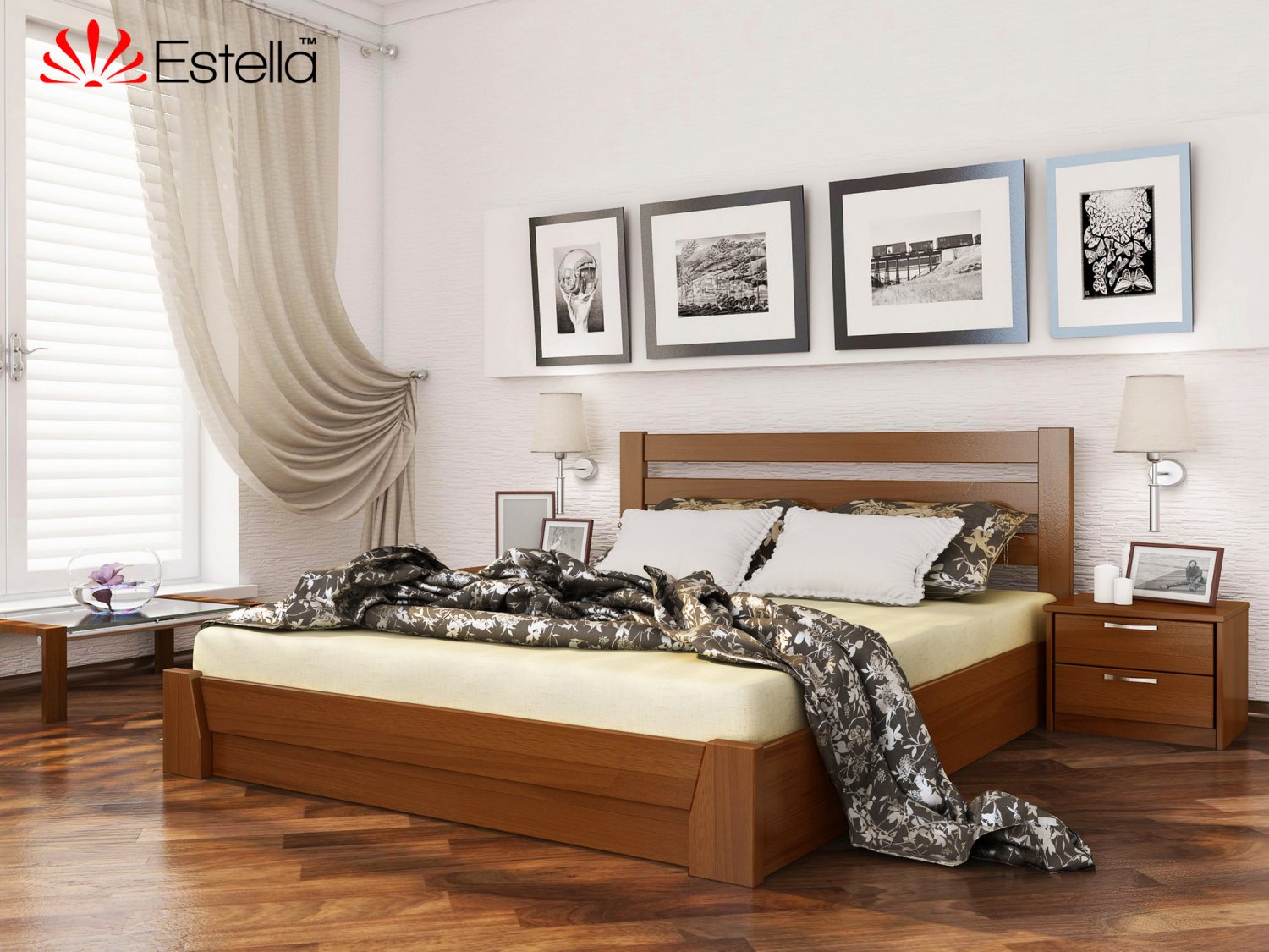 

Кровать двуспальная 160х200 деревянная Estella Селена Орех Светлый (Массив-103) Л4