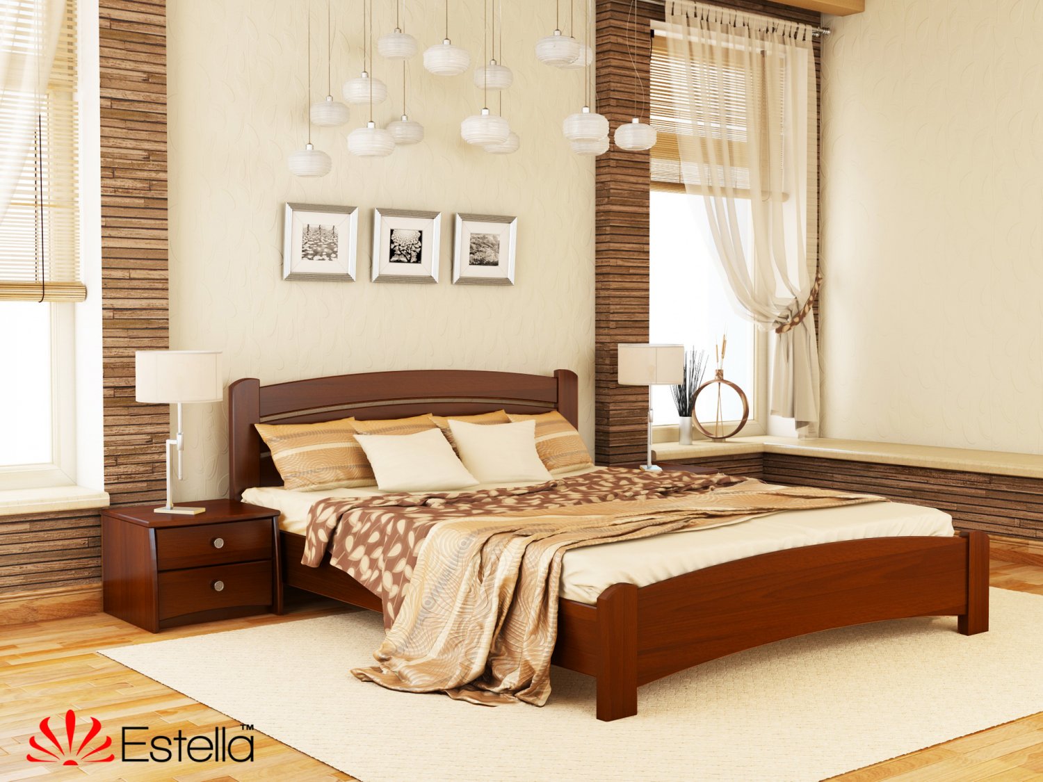 

Кровать двуспальная 160х200 деревянная Estella Венеция Люкс Орех Светлый (Массив-103) Л4