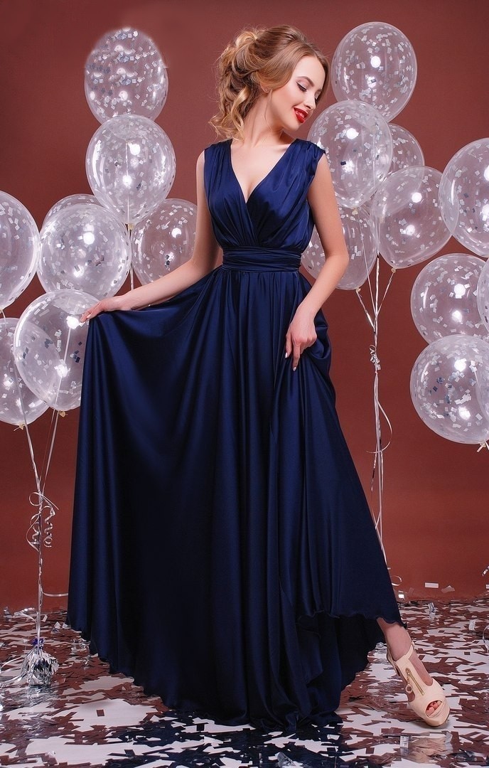 

Длинное шелковое платье FashionYouWant L темно-синий 43285092