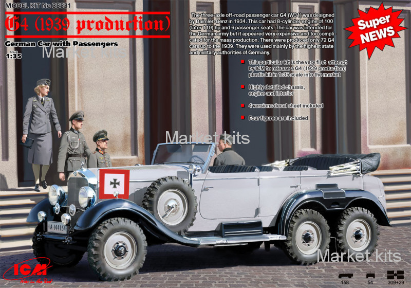 

Германский легковой автомобиль G4 (производства 1939 г.) с пассажирами 1:35 ICM (ICM35531)