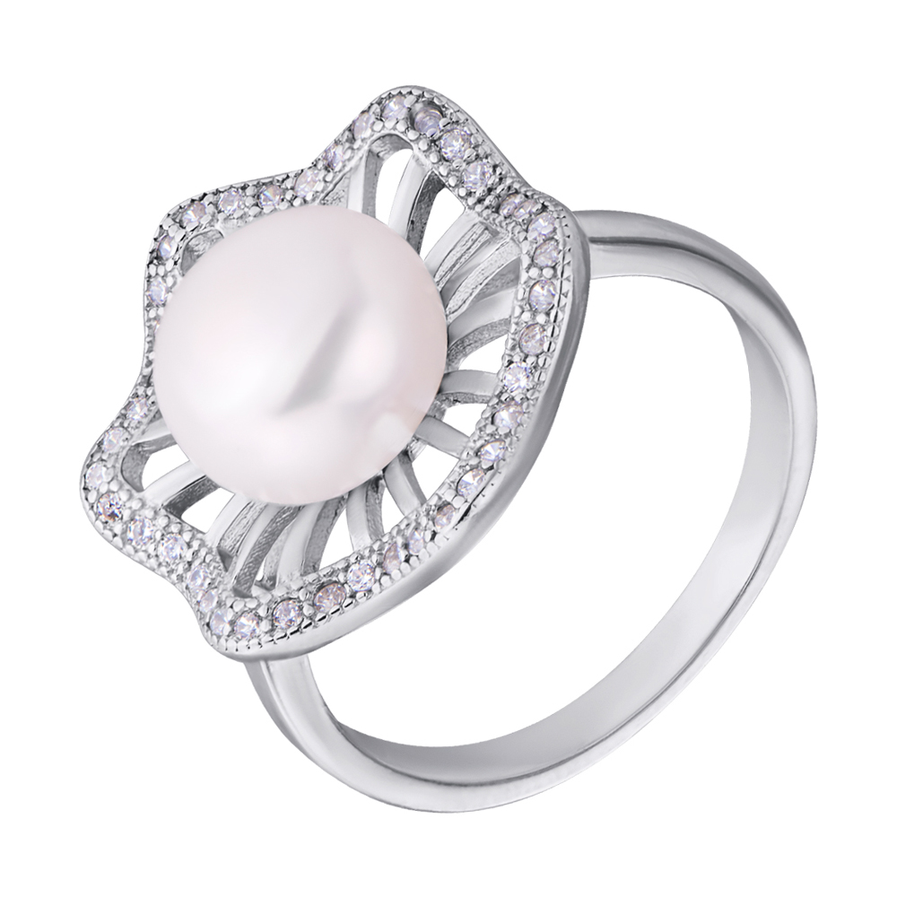 

Серебряное кольцо с жемчугом и фианитами 000132580 18.5 размера