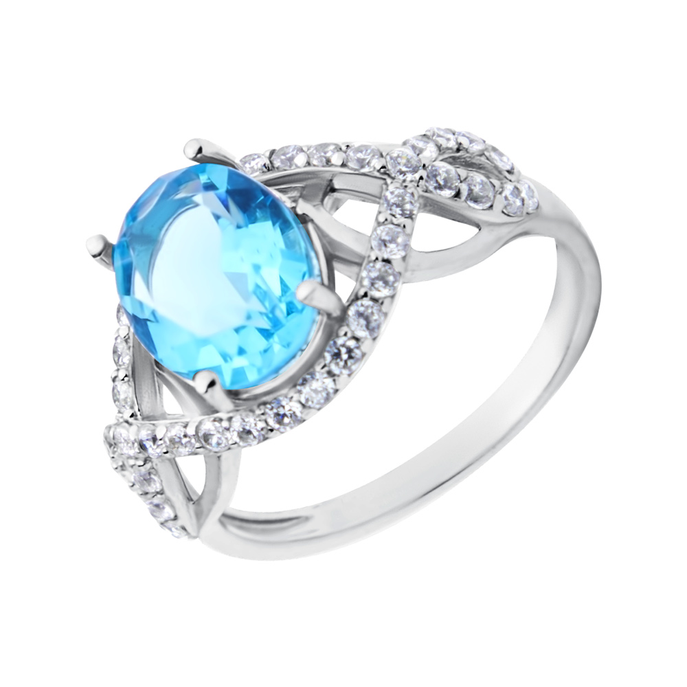 

Серебряное кольцо с кварцем Swiss blue и фианитами 000104918 18 размера