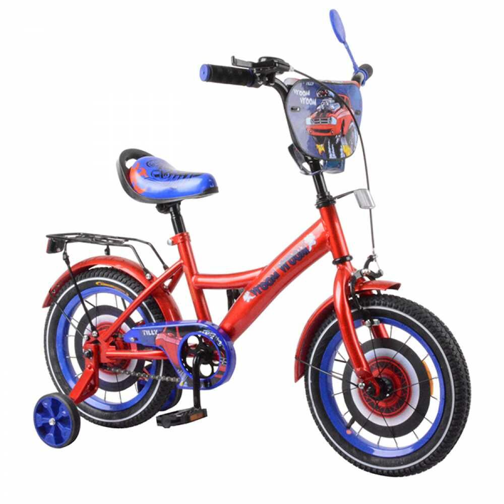 

Детский двухколёсный велосипед TILLY Vroom 14" с дополнительными колесами и ручным тормозом T-214212 red+blue
