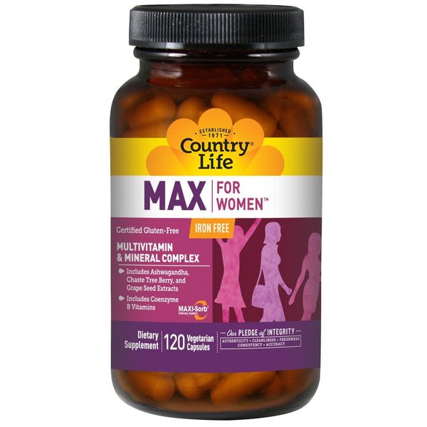 

Мультивитамины для женщин без железа Max for Women Iron free Multivitamin & Mineral Country Life 120 капсул (COL008)